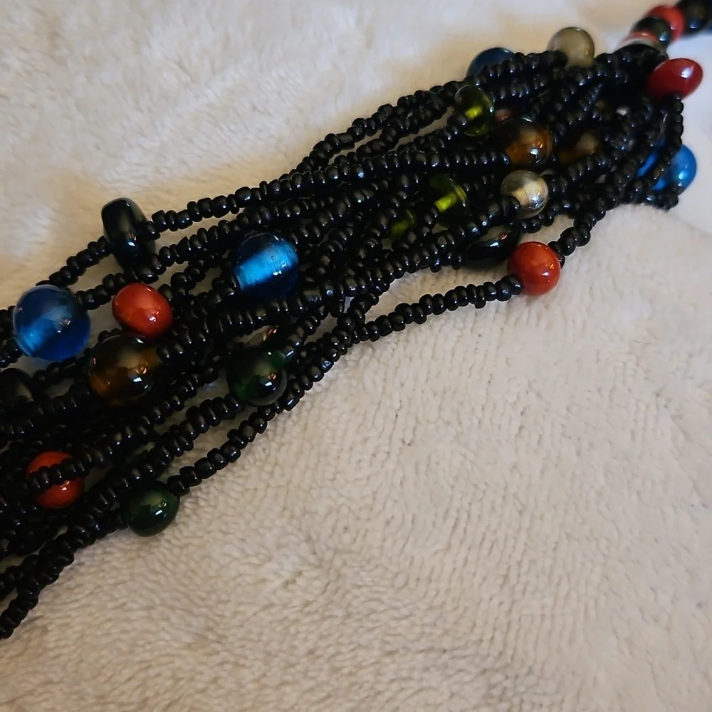 Vintage Indian Black and Multicolor Rainbow Glass Beaded Multi-strand Necklace